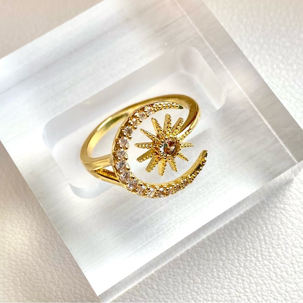 Gold Moon & Star Crystal Ring